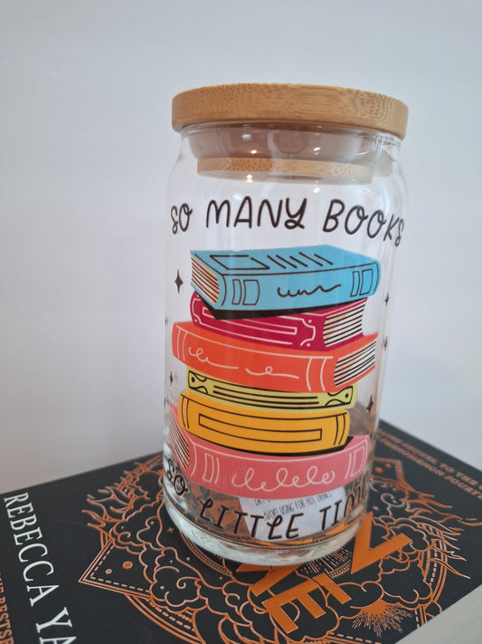 So Many Books, So Little Time” Glass Can Cup | Colorful Book Lover Gift